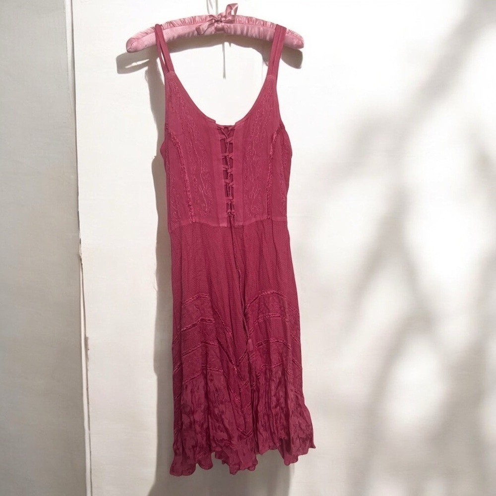Vintage pink lace up summer sundress coquette Fairycore boho hippie OS